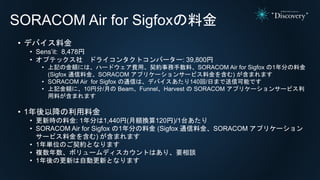 SORACOM Air for Sigfoxの料金
• デバイス料金
• Sens’it: 8,478円
• オプテックス社 ドライコンタクトコンバーター: 39,800円
• 上記の金額には、ハードウェア費用、契約事務手数料、SORACOM Air for Sigfox の1年分の料金
(Sigfox 通信料金、SORACOM アプリケーションサービス料金を含む) が含まれます
• SORACOM Air for Sigfox の通信は、デバイスあたり140回/日まで送信可能です
• 上記金額に、10円分/月の Beam、Funnel、Harvest の SORACOM アプリケーションサービス利
用料が含まれます
• 1年後以降の利用料金
• 更新時の料金: 1年分は1,440円(月額換算120円)/1台あたり
• SORACOM Air for Sigfox の1年分の料金 (Sigfox 通信料金、SORACOM アプリケーション
サービス料金を含む) が含まれます
• 1年単位のご契約となります
• 複数年数、ボリュームディスカウントはあり、要相談
• 1年後の更新は自動更新となります
 