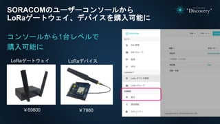 SORACOMのユーザーコンソールから
LoRaゲートウェイ、デバイスを購入可能に
LoRaゲートウェイ LoRaデバイス
￥7980￥69800
コンソールから1台レベルで
購入可能に
 