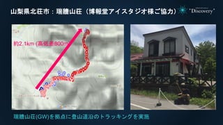 山梨県北荘市：瑞牆山荘（博報堂アイスタジオ様ご協力）
瑞牆山荘(GW)を拠点に登山道沿のトラッキングを実施
約2.1km (高低差800m）
 