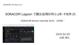 2019-02-05
山添 知久
SORACOM Lagoon で展示会用のダッシュボードを作った
- SORACOM Advent Calendar 2018 - 10日目 -
SORACOM UG Tokyo #12
 