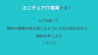 ミニチュアIT農業とは？
IoTを使って
植物が健康状態を保てるようにする仕組みを作り、
植物を育てよう
ってこと
 