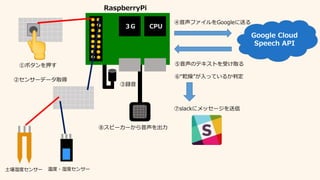 ３G CPU
RaspberryPi
Google Cloud
Speech API
①ボタンを押す
②センサーデータ取得
③録音
④音声ファイルをGoogleに送る
⑥“乾燥”が入っているか判定
⑦slackにメッセージを送信
⑧スピーカーから音声を出力
⑤音声のテキストを受け取る
温度・湿度センサー土壌湿度センサー
 