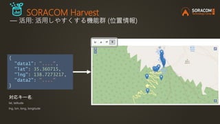 SORACOM Harvest
― 活用: 活用しやすくする機能群 (位置情報)
{
"data1": "....",
"lat": 35.360715,
"lng": 138.7273217,
"data2": "...."
}
対応キー名;
lat, latitude
lng, lon, long, longitude
 