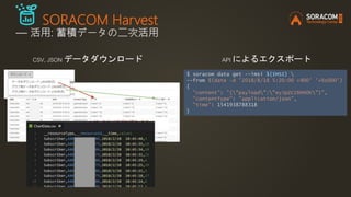 SORACOM Harvest
― 活用: 蓄積データの二次活用
CSV, JSON データダウンロード API によるエクスポート
$ soracom data get --imsi ${IMSI} 
--from $(date -d '2018/8/18 5:20:00 +900' '+%s000')
{
"content": "{"payload":"eyJpZCI6MX0K"}",
"contentType": "application/json",
"time": 1541938788318
}
 