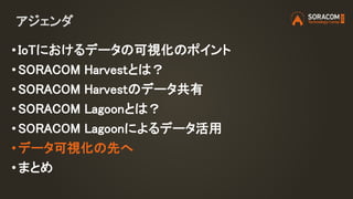 アジェンダ
• IoTにおけるデータの可視化のポイント
• SORACOM Harvestとは？
• SORACOM Harvestのデータ共有
• SORACOM Lagoonとは？
• SORACOM Lagoonによるデータ活用
• データ可視化の先へ
•まとめ
 