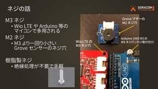 ネジの話
M3 ネジ
• Wio LTE や Arduino 等の
マイコンで多用される
M2 ネジ
• M3 より一回り小さい
Grove センサーのネジ穴
樹脂製ネジ
• 絶縁処理が不要で手軽
Grove ブザーの
M2 ネジ穴
Wio LTE の
M3 ネジ穴
Arduino UNO R3 の
M3 ネジ穴 (ネジ取り付け)
 