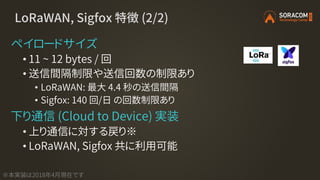 LoRaWAN, Sigfox 特徴 (2/2)
ペイロードサイズ
• 11 ~ 12 bytes / 回
• 送信間隔制限や送信回数の制限あり
• LoRaWAN: 最大 4.4 秒の送信間隔
• Sigfox: 140 回/日 の回数制限あり
下り通信 (Cloud to Device) 実装
• 上り通信に対する戻り※
• LoRaWAN, Sigfox 共に利用可能
※本実装は2018年4月現在です
 