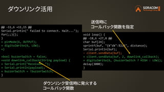 ダウンリンク活用
@@ -11,6 +11,15 @@
Serial.println(" failed to connect. Halt...");
for(;;){};
}
+ pinMode(6, OUTPUT);
+ digitalWrite(6, LOW);
+}
+bool buzzerSwitch = false;
+void downlink_callback(String payload) {
+ Serial.print("Received: ");
+ Serial.println(payload);
+ buzzerSwitch = !buzzerSwitch;
}
void loop() {
@@ -18,6 +27,8 @@
char buf[24];
sprintf(buf, "{¥"d¥":%lu}", distance);
Serial.println(buf);
- client.sendData(buf);
+ client.sendData(buf, 2, downlink_callback);
+ digitalWrite(6, (buzzerSwitch ? HIGH : LOW));
delay(3000);
}
ダウンリンク受信時に発火する
コールバック関数
送信時に
コールバック関数を指定
 