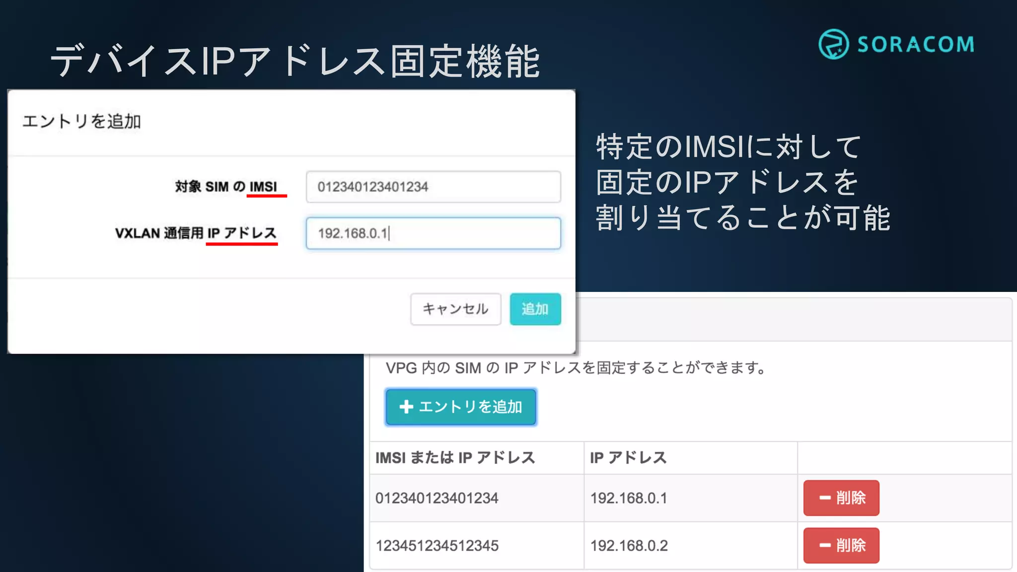デバイスIPアドレス固定機能
特定のIMSIに対して
固定のIPアドレスを
割り当てることが可能
 