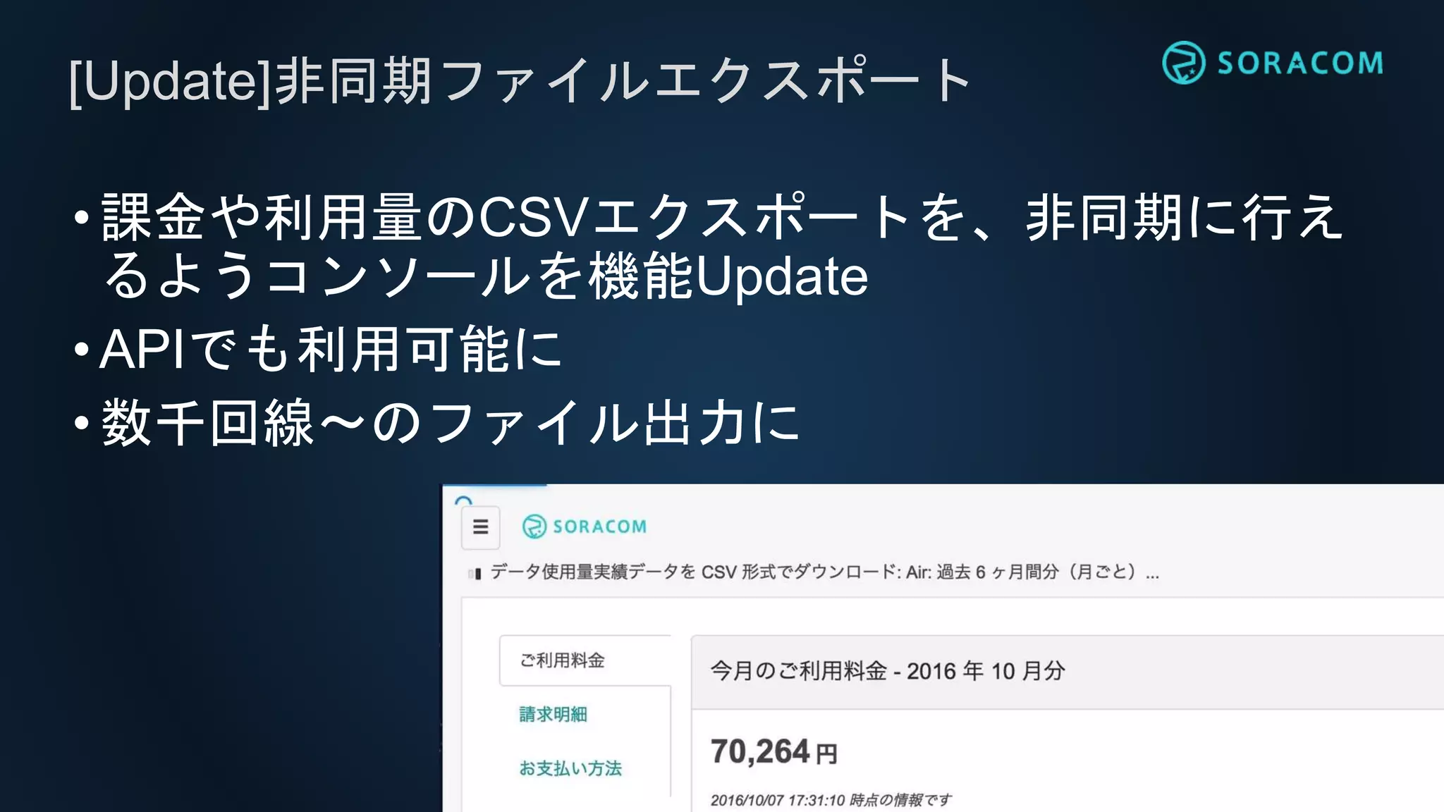 •課金や利用量のCSVエクスポートを、非同期に行え
るようコンソールを機能Update
•APIでも利用可能に
•数千回線〜のファイル出力に
[Update]非同期ファイルエクスポート
 