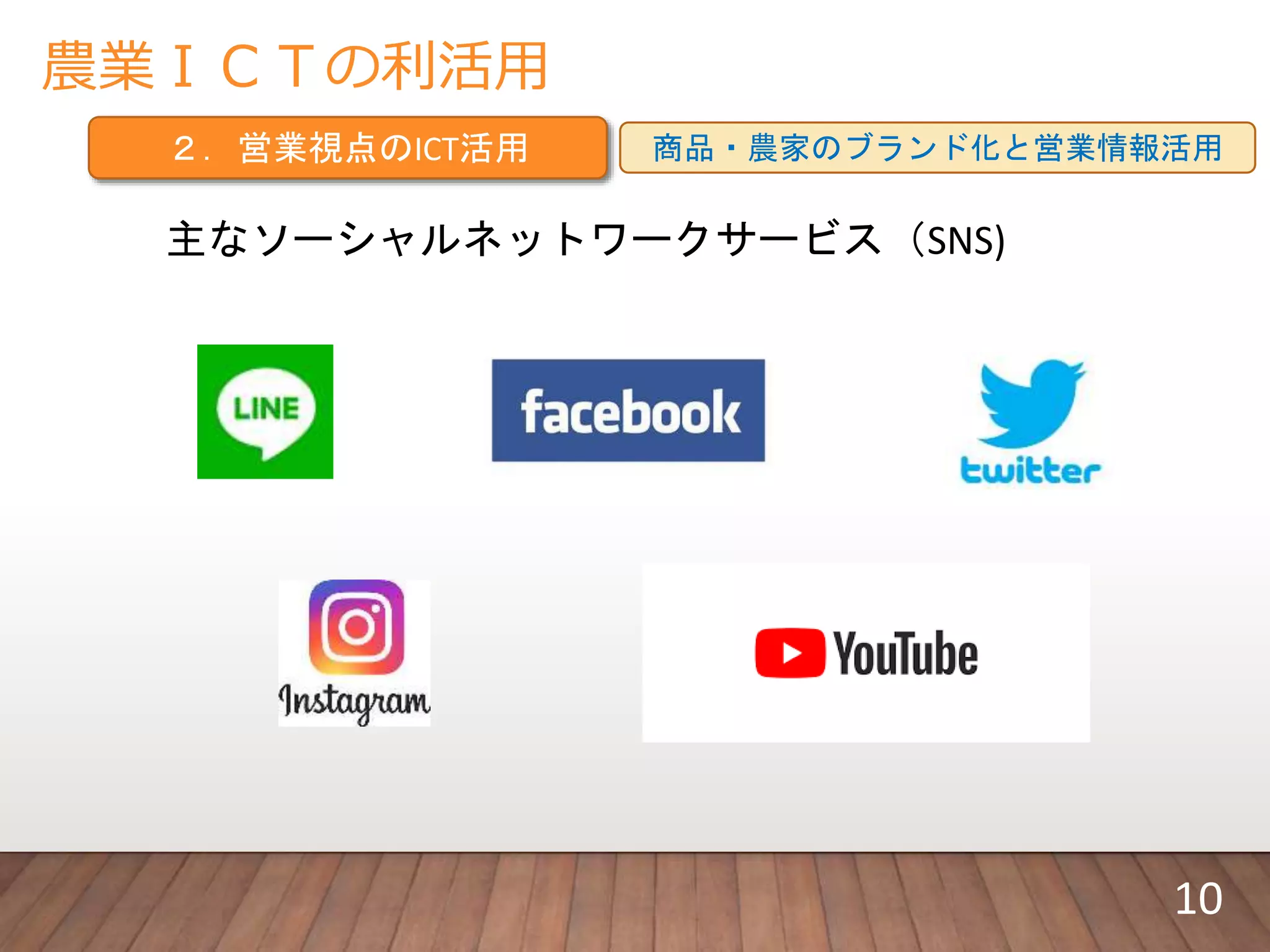 農業ＩＣＴの利活用
２．営業視点のICT活用 商品・農家のブランド化と営業情報活用
主なソーシャルネットワークサービス（SNS)
10
 