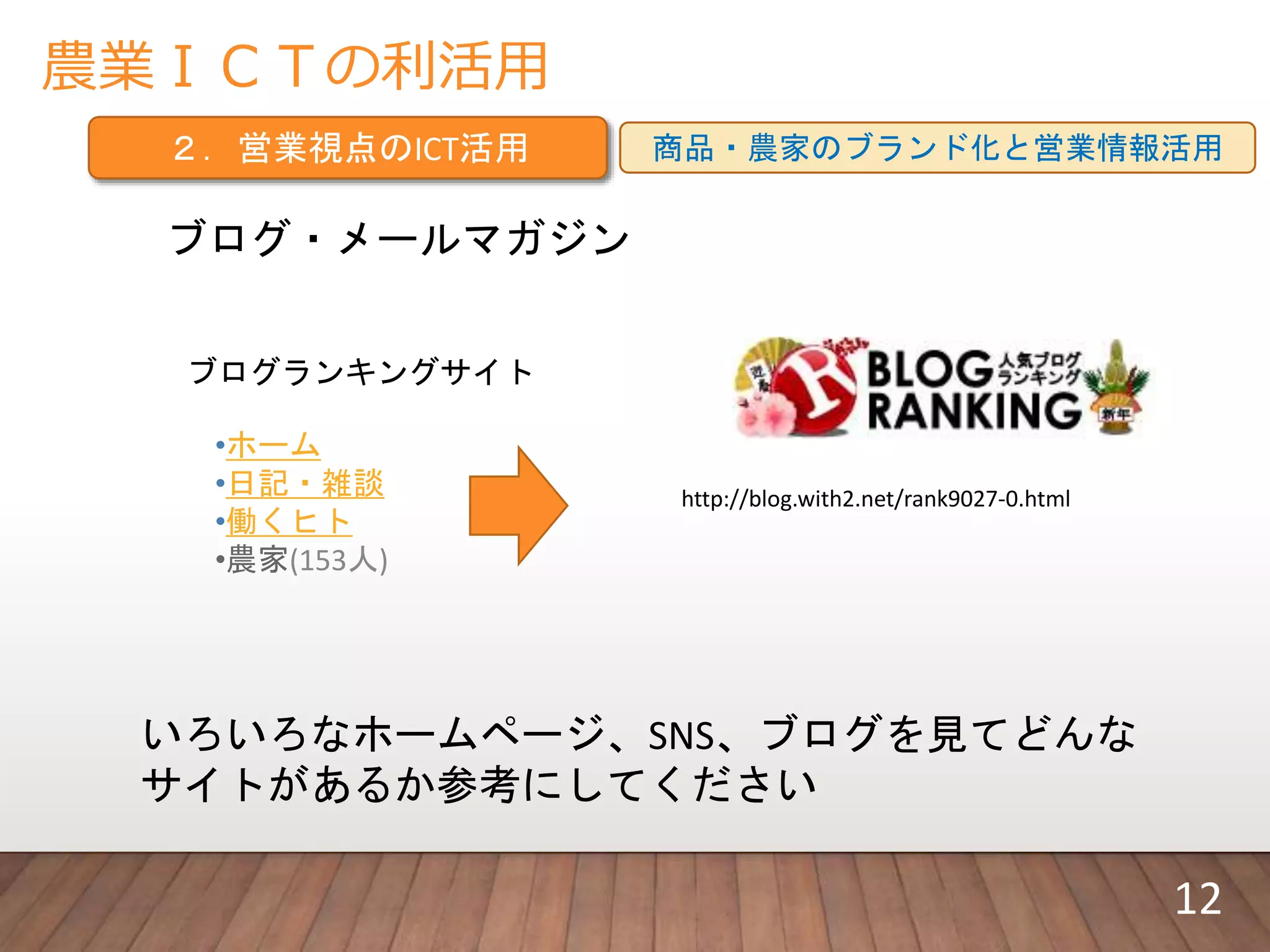 農業ＩＣＴの利活用
２．営業視点のICT活用 商品・農家のブランド化と営業情報活用
ブログ・メールマガジン
ブログランキングサイト
•ホーム
•日記・雑談
•働くヒト
•農家(153人)
http://blog.with2.net/rank9027-0.html
いろいろなホームページ、SNS、ブログを見てどんな
サイトがあるか参考にしてください
12
 