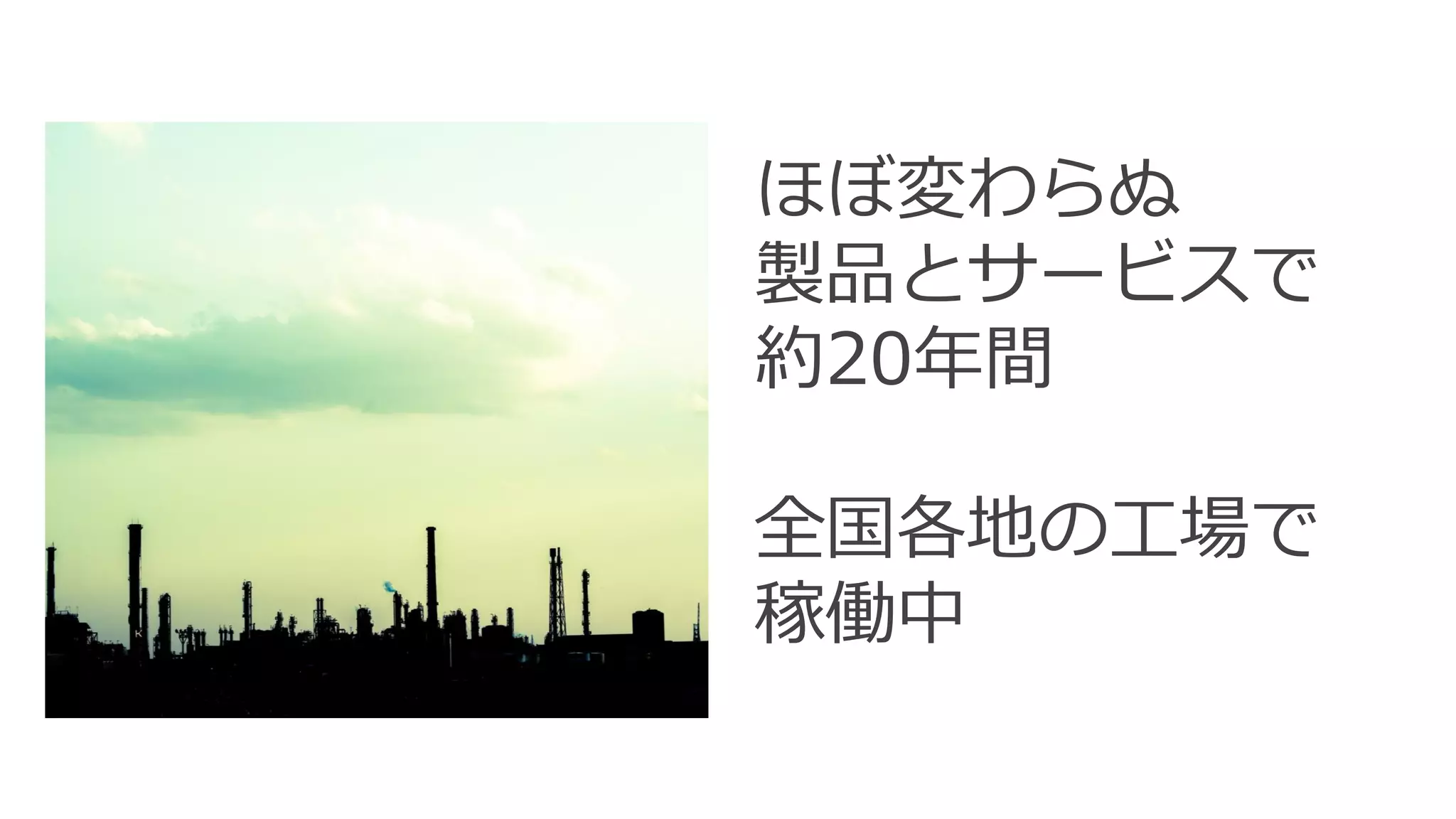 ほぼ変わらぬ
製品とサービスで
約20年間
全国各地の工場で
稼働中
 