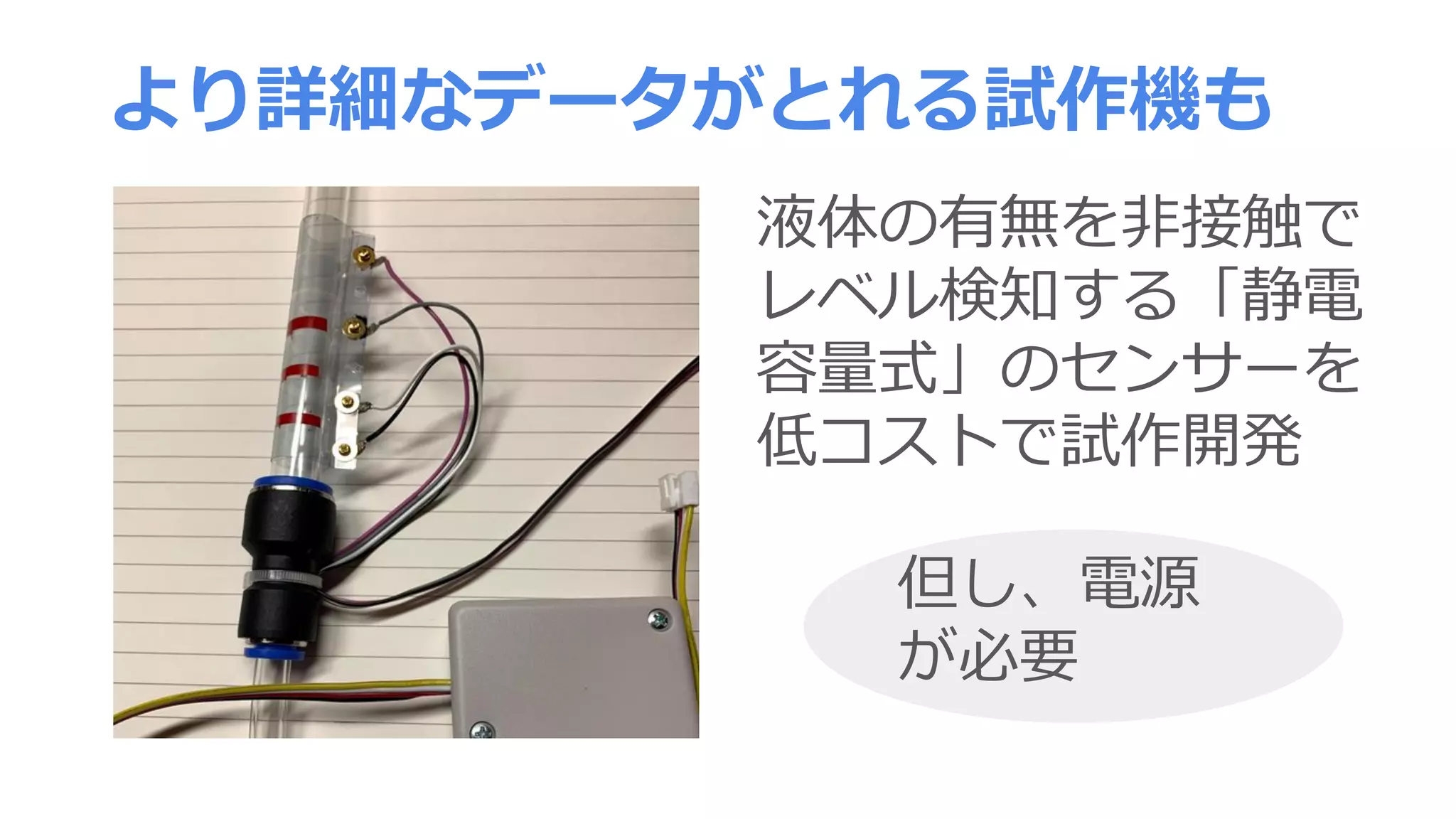 より詳細なデータがとれる試作機も
液体の有無を非接触で
レベル検知する「静電
容量式」のセンサーを
低コストで試作開発
但し、電源
が必要
 