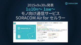 2015年9月30日発表
1日10円〜 1回線～
モノ向け通信サービス
SORACOM Air for セルラー
 