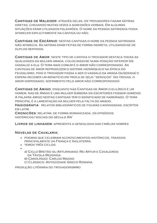 Cantigas de Maldizer: através delas, os trovadores faziam sátiras
diretas, chegando muitas vezes a agressões verbais. Em algumas
situações eram utilizados palavrões. O nome da pessoa satirizada podia
aparecer explicitamente na cantiga ou não.

Cantigas de Escárnio: nestas cantigas o nome da pessoa satirizada
não aparecia. As sátiras eram feitas de forma indireta, utilizando-se de
duplos sentidos.

Cantigas de Amor: neste tipo de cantiga o trovador destaca todas as
qualidades da mulher amada, colocando-se numa posição inferior (de
vassalo) a ela. O tema mais comum é o amor não correspondido. As
cantigas de amor reproduzem o sistema hierárquico na época do
feudalismo, pois o trovador passa a ser o vassalo da amada (suserana) e
espera receber um benefício em troca de seus “serviços” (as trovas, o
amor dispensado, sofrimento pelo amor não correspondido).

Cantigas de Amigo: enquanto nas Cantigas de Amor o eu-lírico é um
homem, nas de Amigo é uma mulher (embora os escritores fossem homens).
A palavra amigo nestas cantigas tem o significado de namorado. O tema
principal é a lamentação da mulher pela falta do amado.
Hagiografia: relatos bibliográficos de figuras canonizadas, escritos
em latim.
Cronicões: relatam, de forma romanceada, os episódios
históricos/sociais do século XIV

Livros de linhagem: apresenta a genealogia das famílias nobres

Novelas de Cavalaria:
   •   poemas que celebram acontecimentos históricos, trazidos
       principalmente da França e Inglaterra.
   •   temos três ciclos:
   •
       a) Ciclo Bretão ou Arturiniano: Rei Artur e Cavaleiros
         da Távola Redonda.
       b) Carolíngio: Carlos Magno
       c) Clássico: Antigüidade Greco Romana.
produção litéraria do trovadorismmo
 