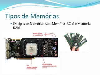 Tipos de Memórias
 Os tipos de Memórias são : Memória ROM e Memória
RAM
 