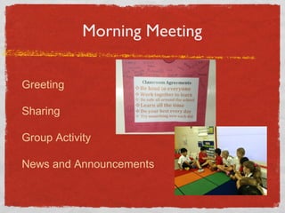 Morning Meeting 
Greeting 
Sharing 
Group Activity 
News and Announcements 
 