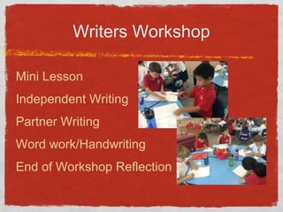 Writers Workshop 
Mini Lesson 
Independent Writing 
Partner Writing 
Word work/Handwriting 
End of Workshop Reflection 
 