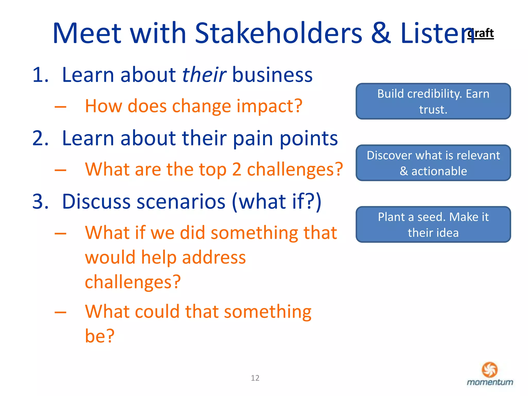 Meet with Stakeholders & Listen
                                draft


1. Learn about their business
                                      Build credibility. Earn
  – How does change impact?                   trust.

2. Learn about their pain points
                                     Discover what is relevant
  – What are the top 2 challenges?         & actionable

3. Discuss scenarios (what if?)
                                       Plant a seed. Make it
  – What if we did something that            their idea

    would help address
    challenges?
  – What could that something
    be?
                       12
 