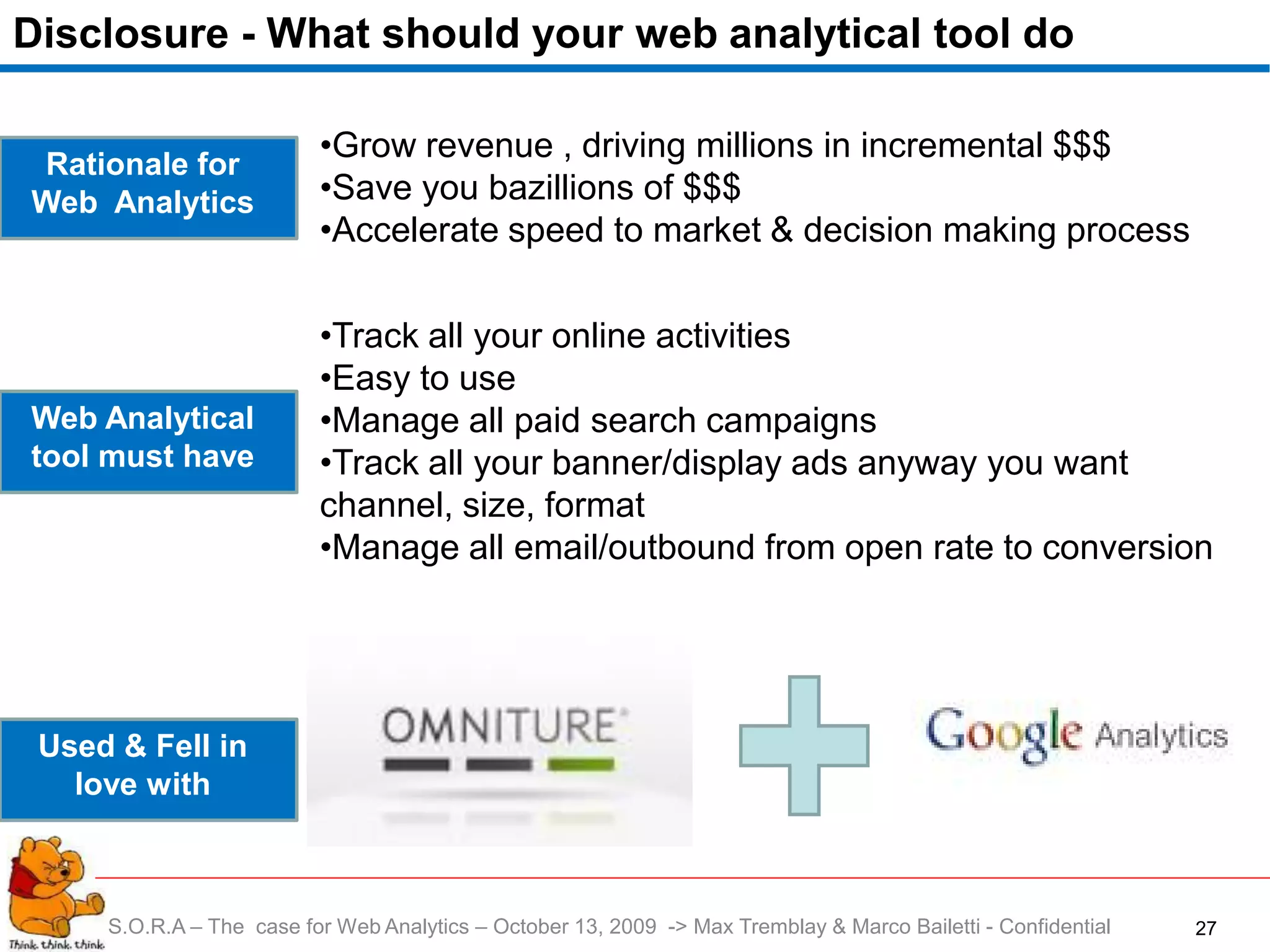 Disclosure - What should your web analytical tool do

                          •Grow revenue , driving millions in incremental $$$
Rationale for
Web Analytics             •Save you bazillions of $$$
                          •Accelerate speed to market & decision making process

                          •Track all your online activities
                          •Easy to use
Web Analytical            •Manage all paid search campaigns
tool must have            •Track all your banner/display ads anyway you want
                          channel, size, format
                          •Manage all email/outbound from open rate to conversion




 Used & Fell in
   love with



     S.O.R.A – The case for Web Analytics – October 13, 2009 -> Max Tremblay & Marco Bailetti - Confidential   27
 