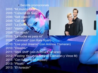 ● Senzills promocionals
2005: "Mi mundo sin ti”
2005: "Corazón de fuego"
2006: "Self control”
2006: "Call me"
2007: "La Dolce Vita"
2007: "Words"
2008: "Sin miedo"
2009: "La noche es para mi"
2009: "Caminaré" (con Kate Ryan)
2010: "Live your dreams" (con Antonie Clamaran)
2010: "Dreamer"
2011: "Stick Shift" (con Antonie Clamaran)
2012: "Feeling You" (con Antonie Clamaran y Vince M)
2013: "Con fuego" (con Aqueel)
2013: "Plastic"
2013: "El huracán"
 
