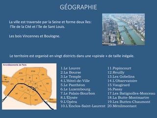 La ville est traversée par la Seine et forme deux îles:
l'île de la Cité et l`île de Sant Louis.
Les bois Vincennes et Boulogne.
GÉOGRAPHIE
11.Popincourt
12.Reuilly
13.Les Gobelins
14.L'Observatoire
15.Vaugirard
16.Passy
17.Les Batignolles-Monceau
18.La Butte-Montmartre
19.Les Buttes-Chaumont
20.Ménilmontant
1.Le Louvre
2.La Bourse
3.Le Temple
4.L'Hôtel-de-Ville
5.Le Panthéon
6.Le Luxembourg
7.Le Palais-Bourbon
8.L'Élysée
9.L'Opéra
10.L'Enclos-Saint-Laurent
Le territoire est organisé en vingt districts dans une «spirale » de taille inégale.
 
