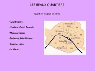 LES BEAUX QUARTIERS
Quartiers les plus célèbres
• Montmartre
• Faubourg Saint Germain
•Montparnasse:
•Faubourg Saint Honoré
•Quartier Latin
•Le Marais
 
