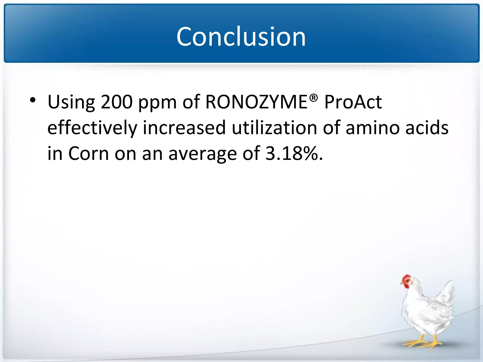 Conclusion
• Using 200 ppm of RONOZYME® ProAct
effectively increased utilization of amino acids
in Corn on an average of 3.18%.

 