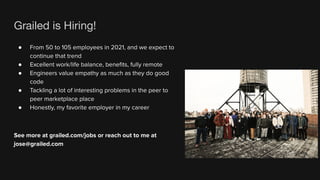 Grailed is Hiring!
● From 50 to 105 employees in 2021, and we expect to
continue that trend
● Excellent work/life balance, beneﬁts, fully remote
● Engineers value empathy as much as they do good
code
● Tackling a lot of interesting problems in the peer to
peer marketplace place
● Honestly, my favorite employer in my career
See more at grailed.com/jobs or reach out to me at
jose@grailed.com
 