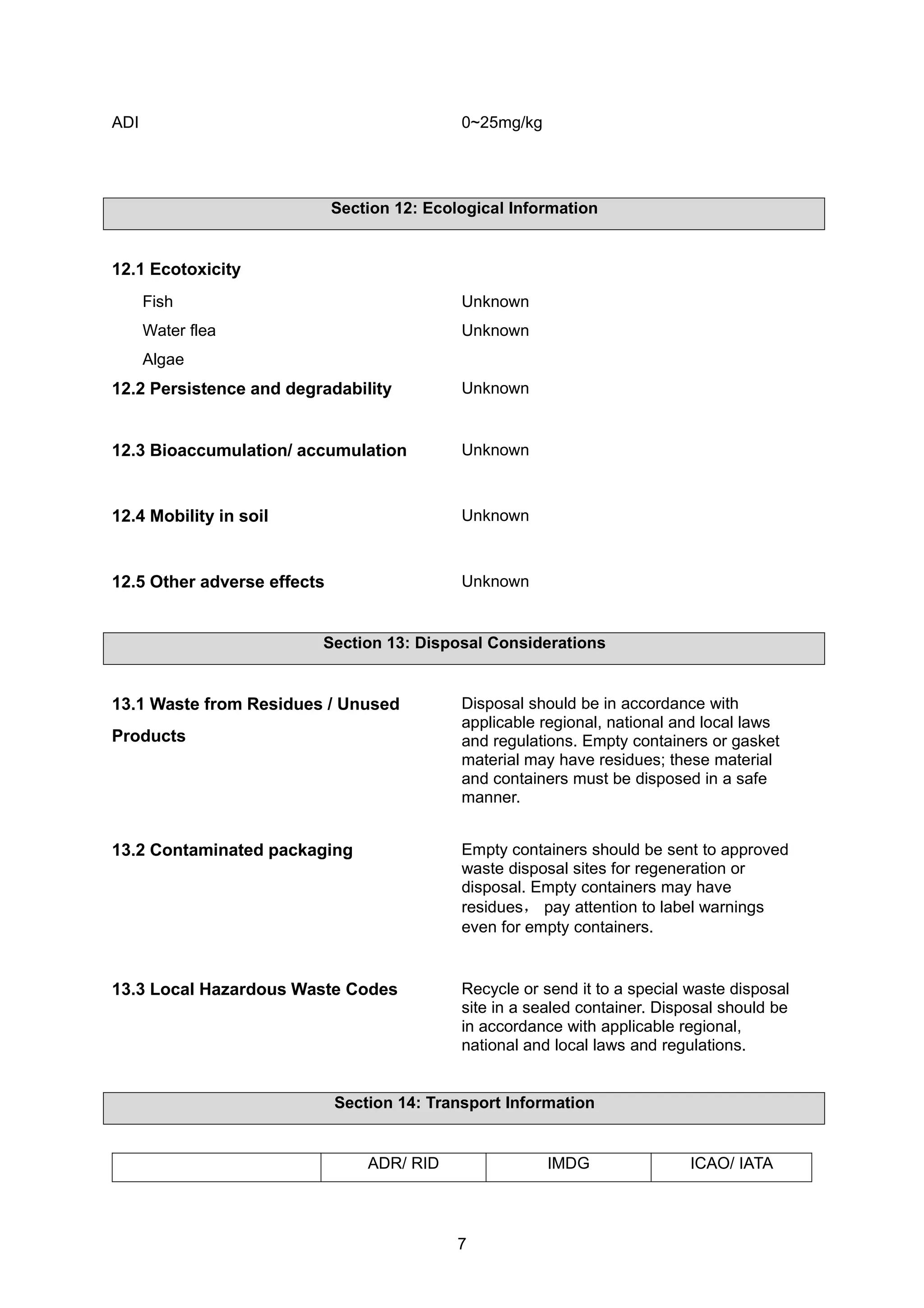 7
ADI 0~25mg/kg
Section 12: Ecological Information
12.1 Ecotoxicity
Fish Unknown
Water flea Unknown
Algae
12.2 Persistence and degradability Unknown
12.3 Bioaccumulation/ accumulation Unknown
12.4 Mobility in soil Unknown
12.5 Other adverse effects Unknown
Section 13: Disposal Considerations
13.1 Waste from Residues / Unused
Products
Disposal should be in accordance with
applicable regional, national and local laws
and regulations. Empty containers or gasket
material may have residues; these material
and containers must be disposed in a safe
manner.
13.2 Contaminated packaging Empty containers should be sent to approved
waste disposal sites for regeneration or
disposal. Empty containers may have
residues， pay attention to label warnings
even for empty containers.
13.3 Local Hazardous Waste Codes Recycle or send it to a special waste disposal
site in a sealed container. Disposal should be
in accordance with applicable regional,
national and local laws and regulations.
Section 14: Transport Information
ADR/ RID IMDG ICAO/ IATA
 