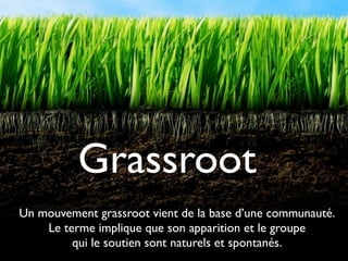 Grassroot
Un mouvement grassroot vient de la base d’une communauté.
Le terme implique que son apparition et le groupe
qui le soutien sont naturels et spontanés.

 