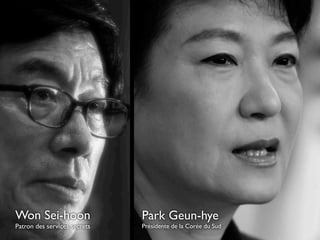 Won Sei-hoon
Patron des services secrets

Park Geun-hye

Présidente de la Corée du Sud

 