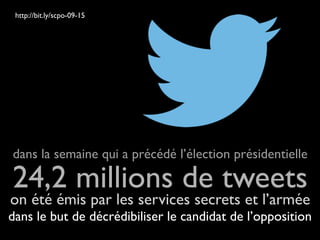 http://bit.ly/scpo-09-15

dans la semaine qui a précédé l’élection présidentielle

24,2 millions de tweets

on été émis par les services secrets et l’armée
dans le but de décrédibiliser le candidat de l’opposition

 