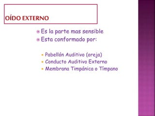  Es la parte mas sensible
 Esta conformado por:
 Pabellón Auditivo (oreja)
 Conducto Auditivo Externo
 Membrana Timpánica o Tímpano
 