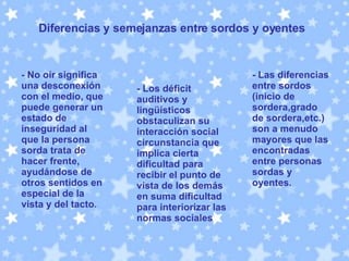 Diferencias y semejanzas entre sordos y oyentes - No oír significa una desconexión con el medio, que puede generar un estado de inseguridad al que la persona sorda trata de hacer frente, ayudándose de otros sentidos en especial de la vista y del tacto.  - Los déficit auditivos y lingüísticos obstaculizan su interacción social circunstancia que implica cierta dificultad para recibir el punto de vista de los demás en suma dificultad para interiorizar las normas sociales  - Las diferencias entre sordos (inicio de sordera,grado de sordera,etc.) son a menudo mayores que las encontradas entre personas sordas y oyentes.  