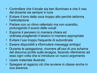 • Controllare che il locale sia ben illuminato e che il viso 
del docente sia sempre in luce 
• Evitare il tono della voce troppo alto perché deforma 
l’articolazione 
• Parlare con un ritmo rallentato ma non scandito, 
prolungando il suono delle vocali 
• Esporre il pensiero in maniera chiara ed 
ordinata,scegliendo il lessico in maniera appropriata 
• Evitare l’uso troppo frequente di subordinate 
• Essere disponibili a riformulare messaggi ambigui 
• Durante la spiegazione, ricorrere all’uso di uno schema 
del discorso,scritto sulla lavagna, facendo riferimento ad 
esso ogni volta che si introduce un nuovo argomento 
• Usare materiale illustrato 
• Spiegare al ragazzo ciò che avviene in classe anche in 
sua assenza 
 