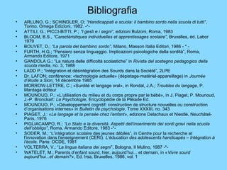 Bibliografia 
• ARLUNO, G.; SCHINDLER, O; “Handicappati e scuola: il bambino sordo nella scuola di tutti”, 
Torino, Omega Edizioni, 1982. -*- 
• ATTILI, G.; PICCI-BITTI, P.; “I gesti e i segni”, edizioni Bulzoni, Roma, 1983 
• BLOOM, B.S., “Caractéristiques individuelles et apprentissages scolaire”, Bruxelles, éd. Labor 
1979 
• BOUVET, D.; “La parola del bambino sordo”, Milano, Masson Italia Editori, 1986 - * - 
• FURTH, H.G.; “Pensiero senza linguaggio. Implicazioni psicologiche della sordità”, Roma, 
Armando Editore, 1971 
• GANDOLA G.; “La natura delle difficoltà scolastiche” in Rivista del sostegno pedagogico della 
scuola media, no. 3, 1988 
• LADD P.; “Intégration et désintégration des Sourds dans la Société”, 2LPE 
• Dr. LAFON; conférence: «technologie actuelle» (dépistage-matériel-appareillage) in Journée 
d’étude a Sion, 14 décembre 1985 
• MORROW-LETTRE, C.; «Surdité et langage oral», in Rondal, J.A.; Troubles du langage, P. 
Mardaga éditeur 
• MOUNOUD, P.; «L’utilisation du milieu et du corps propre par le bébé», in J. Piaget, P. Mounoud, 
J.-P. Bronckart: La Psychologie, Encyclopédie de la Pléiade Ed. 
• MOUNOUD, P.; «Développement cognitif: construction de structure nouvelles ou construction 
d’organisations internes» in Bulletin de psychologie, Tome XXXIII, no. 343 
• PIAGET, J.: «Le langage et la pensée chez l’enfant», edizione Delachaux et Niestlé, Neuchâtel- 
Paris, 1976 
• PIGLIACAMPO, R.; “Lo Stato e la diversità. Aspetti dell’inserimento dei sordi gravi nella scuola 
dell’obbligo”, Roma, Armando Editore, 1983 -*- 
• SODER, M.; “L’intégration scolaire des jeunes débiles”, in Centre pour la recherche et 
l’innovation dans l’enseignement (CERI). L’éducation des adolescents handicapés – Intégration à 
l’école. Paris: OCDE, 1981 
• VOLTERRA, V.; “La lingua italiana dei segni”, Bologna, Il Mulino, 1987 -*- 
• WATELET, M.; Parents d’enfant sourd, hier, aujourd’hui... et demain, in «Vivre sourd 
aujourd’hui...et demain?», Ed. Irsa, Bruxelles, 1986, vol. 1 
