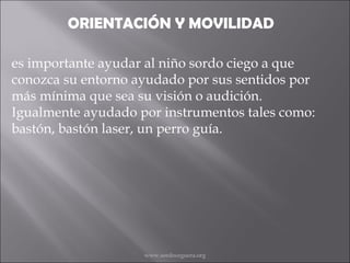 ORIENTACIÓN Y MOVILIDAD es importante ayudar al niño sordo ciego a que conozca su entorno ayudado por sus sentidos por más mínima que sea su visión o audición. Igualmente ayudado por instrumentos tales como: bastón, bastón laser, un perro guía. www.sordoceguera.org 