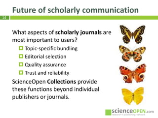 14
Future of scholarly communication
What aspects of scholarly journals are
most important to users?
 Topic-specific bundling
 Editorial selection
 Quality assurance
 Trust and reliability
ScienceOpen Collections provide
these functions beyond individual
publishers or journals.
 