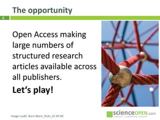 8
The opportunity
Image credit: Boris Mann_flickr_CC BY NC
Open Access making
large numbers of
structured research
articles available across
all publishers.
Let‘s play!
 