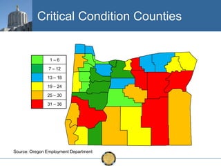 Critical Condition Counties

1–6
7 – 12
13 – 18
19 – 24

25 – 30
31 – 36

Source: Oregon Employment Department

 