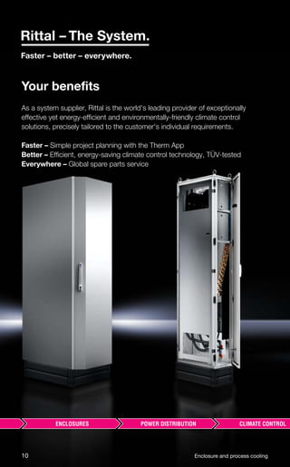 Your beneﬁts
As a system supplier, Rittal is the world's leading provider of exceptionally
effective yet energy-efficient and environmentally-friendly climate control
solutions, precisely tailored to the customer's individual requirements.
Faster – Simple project planning with the Therm App
Better – Efficient, energy-saving climate control technology, TÜV-tested
Everywhere – Global spare parts service
10 Enclosure and process cooling
 
