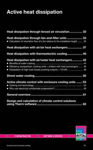Enclosure and process cooling 31
Active heat dissipation
Heat dissipation through forced air circulation................ 32
Heat dissipation through fan-and-ﬁlter units ................... 33
◾ Calculation of volumetric ﬂow of a fan relative to the installation height ....... 35
Heat dissipation with air/air heat exchangers.................. 37
Heat dissipation with thermoelectric cooling................... 40
Heat dissipation with air/water heat exchangers............. 42
◾ Beneﬁts of water cooling........................................................................... 44
◾ Efficiency comparison, cooling units – chillers with heat exchangers ...... 46
◾ Dissipation of high heat losses (cooling outputs > 10 kW) ...................... 48
Direct water cooling............................................................ 50
Active climate control with enclosure cooling units ....... 53
◾ Cooling unit technology ............................................................................ 54
◾ Why use electrical condensate evaporation?............................................ 59
General overview................................................................. 61
Design and calculation of climate control solutions
using Therm software ......................................................... 62
 