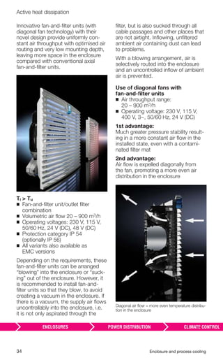 34 Enclosure and process cooling
Active heat dissipation
Innovative fan-and-ﬁlter units (with
diagonal fan technology) with their
novel design provide uniformly con-
stant air throughput with optimised air
routing and very low mounting depth,
leaving more space in the enclosure
compared with conventional axial
fan-and-ﬁlter units.
Ti > Tu
◾ Fan-and-ﬁlter unit/outlet ﬁlter
combination
◾ Volumetric air ﬂow 20 – 900 m3/h
◾ Operating voltages: 230 V, 115 V,
50/60 Hz, 24 V (DC), 48 V (DC)
◾ Protection category IP 54
(optionally IP 56)
◾ All variants also available as
EMC versions
Depending on the requirements, these
fan-and-ﬁlter units can be arranged
“blowing” into the enclosure or “suck-
ing” out of the enclosure. However, it
is recommended to install fan-and-
ﬁlter units so that they blow, to avoid
creating a vacuum in the enclosure. If
there is a vacuum, the supply air ﬂows
uncontrollably into the enclosure, i.e.
it is not only aspirated through the
ﬁlter, but is also sucked through all
cable passages and other places that
are not airtight. Inﬂowing, unﬁltered
ambient air containing dust can lead
to problems.
With a blowing arrangement, air is
selectively routed into the enclosure
and an uncontrolled inﬂow of ambient
air is prevented.
Use of diagonal fans with
fan-and-ﬁlter units
◾ Air throughput range:
20 – 900 m3/h
◾ Operating voltage: 230 V, 115 V,
400 V, 3~, 50/60 Hz, 24 V (DC)
1st advantage:
Much greater pressure stability result-
ing in a more constant air ﬂow in the
installed state, even with a contami-
nated ﬁlter mat
2nd advantage:
Air ﬂow is expelled diagonally from
the fan, promoting a more even air
distribution in the enclosure
Diagonal air ﬂow = more even temperature distribu-
tion in the enclosure
 
