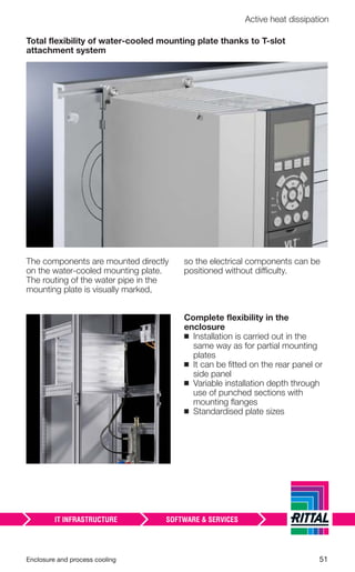 Enclosure and process cooling 51
Active heat dissipation
Total flexibility of water-cooled mounting plate thanks to T-slot
attachment system
The components are mounted directly
on the water-cooled mounting plate.
The routing of the water pipe in the
mounting plate is visually marked,
so the electrical components can be
positioned without difficulty.
Complete ﬂexibility in the
enclosure
◾ Installation is carried out in the
same way as for partial mounting
plates
◾ It can be ﬁtted on the rear panel or
side panel
◾ Variable installation depth through
use of punched sections with
mounting ﬂanges
◾ Standardised plate sizes
 