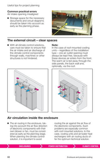 68 Enclosure and process cooling
Useful tips for project planning
The external circuit – clear spaces
◾ With all climate control solutions,
care must be taken to ensure that
the air intake and air discharge of
the climate control components
through walls, machines or other
structures is not hindered.
Note:
In the case of roof-mounted cooling
units – regardless of the installation
type – one air outlet opening must
always be kept free, because with
these devices air enters from the front.
The warm air is led away through the
side panels, the back wall and,
optionally, via the roof.
Air circulation inside the enclosure
◾ The air routing in the enclosure, tak-
ing into account the air ﬂow direction
of electronic components with their
own blower or fan, must be consid-
ered as early as the planning stage.
When planning the climate control
solution, it is important to avoid
routing the air against the air ﬂow of
the electronic components. Such
problems are especially common
with roof-mounted solutions. In this
case, cooling units and air/water heat
exchangers with air routing ducts of-
fer the optimum technical solution.
Common practical errors
Air intake opening misaligned
◾ Storage space for the necessary
documents and circuit diagrams
should be taken into account as
early as the planning phase.
 