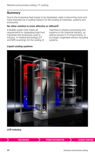 88 Enclosure and process cooling
Machine and process cooling / IT cooling
Summary
Due to the increasing heat losses to be dissipated, water is becoming more and
more important as a cooling medium for the cooling of machines, systems and
enclosures.
No other solution is more effective or efficient!
A ﬂexible system that meets all
requirements for dissipating heat from
machines and enclosures used in
industry, in medical technology (CT
and MRI scanning), for the cooling of
machines in plastics processing and
systems in the chemical industry, as
well as servers in IT environments, is
no longer imaginable without recooling
systems.
Liquid cooling systems
LCP industry
 