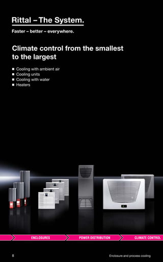 Climate control from the smallest
to the largest
◾ Cooling with ambient air
◾ Cooling units
◾ Cooling with water
◾ Heaters
8 Enclosure and process cooling
 