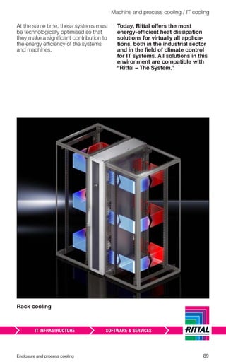 Enclosure and process cooling 89
Machine and process cooling / IT cooling
At the same time, these systems must
be technologically optimised so that
they make a signiﬁcant contribution to
the energy efficiency of the systems
and machines.
Today, Rittal offers the most
energy-efficient heat dissipation
solutions for virtually all applica-
tions, both in the industrial sector
and in the ﬁeld of climate control
for IT systems. All solutions in this
environment are compatible with
“Rittal – The System.”
Rack cooling
 